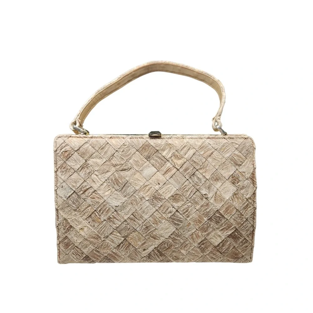 Vintage 60s Woven Basketweave Frame Top Handle Bag Tan Cottagecore MCM Heritage